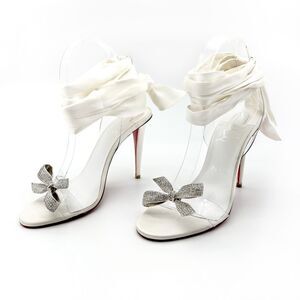 CHRISTIAN LOUBOUTIN Astrinodo Crystal Bow PVC White Sandal Size 38.5 Heel